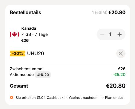 UHU20 Rabatt bei Yesim einlösen - Beispiel für Kanada