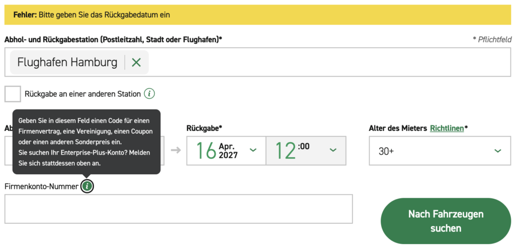 Enterprise Feld für einen Gutscheincode