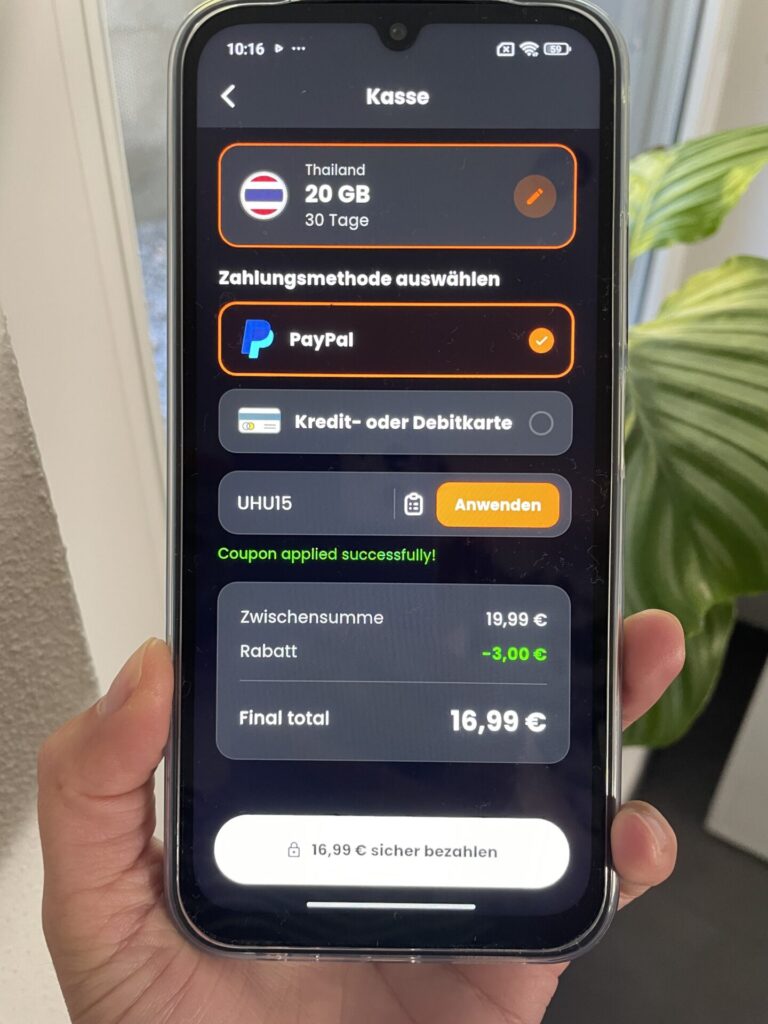 eSIMFOX für Thailand, Beispiel 30 Tage 20 GB mit 15% Rabatt (UHU15) (Stand August 2026). Bild: Jana Willeke