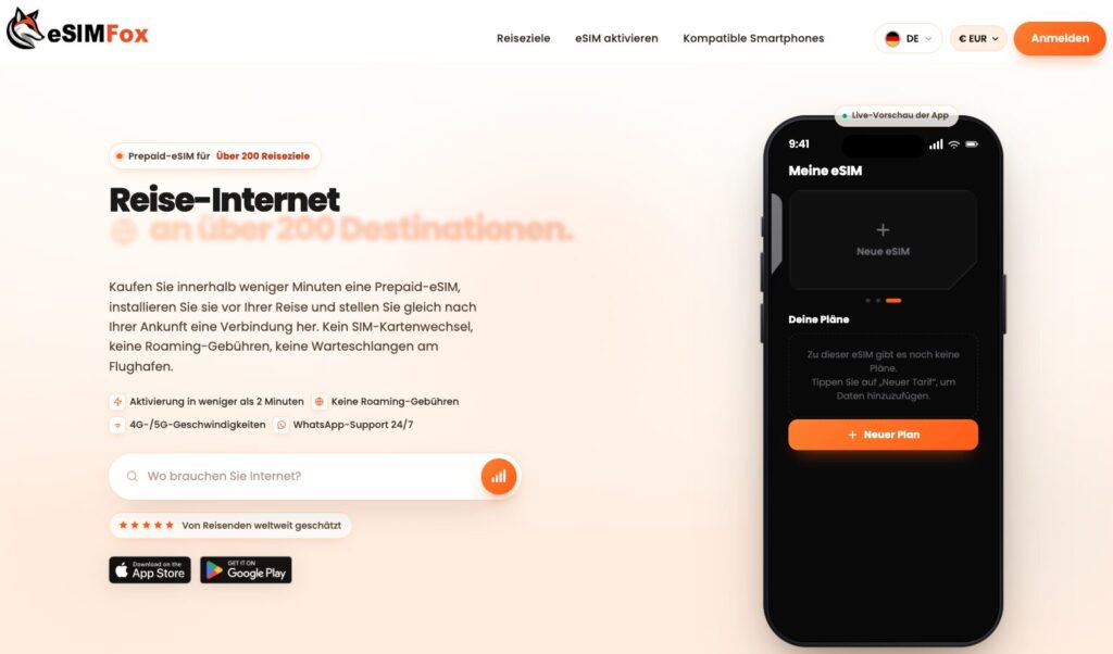 Screenshot der eSIMFOX Startseite