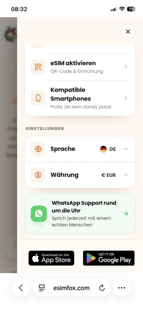 eSIMFOX WhatsApp Support (Stand: August 2026). Bild: Jana Willeke