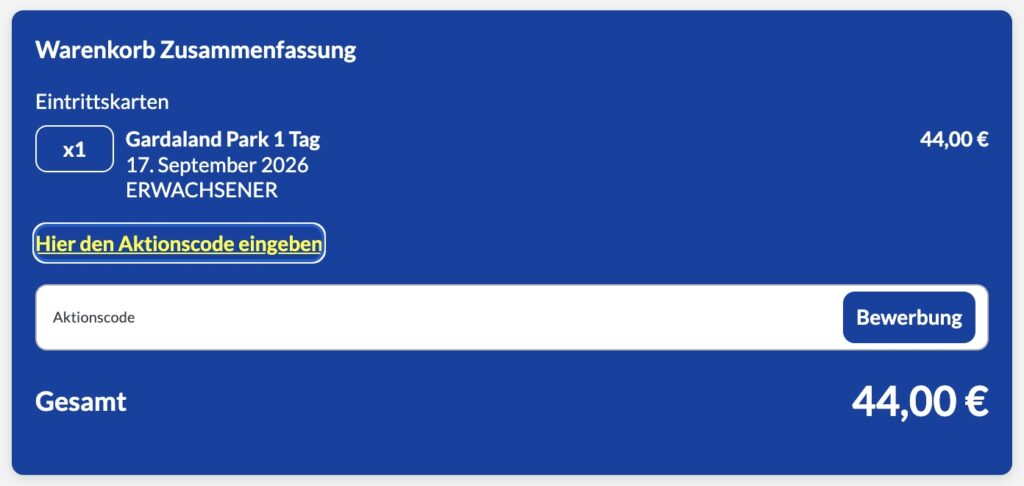 Eingabefeld für den Gardaland Aktionscode