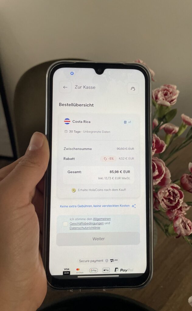 Holafly eSIM für Costa Rica, Beispiel 30 Tage unbegrenztes Datenvolumen mit Rabatt (Stand: August 2026). Bild: Jana Willeke