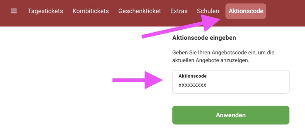 Tab Aktionscode auswählen und in das Feld den Madame Tussauds Gutschein eingeben