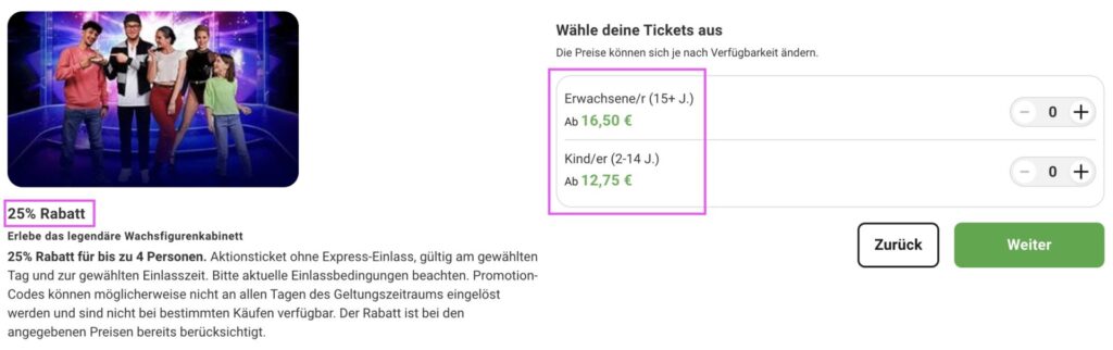 Warenkorb von Madame Tussauds Berlin mit reduziertem Preis nach Eingabe des Gutscheincodes