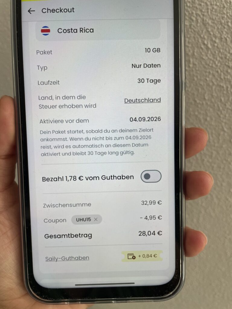 Saily eSIM für Costa Rica, Beispiel 30 Tage mit 10 GB und 15 % Rabatt (Stand: August 2026). Bild: Jana Willeke
