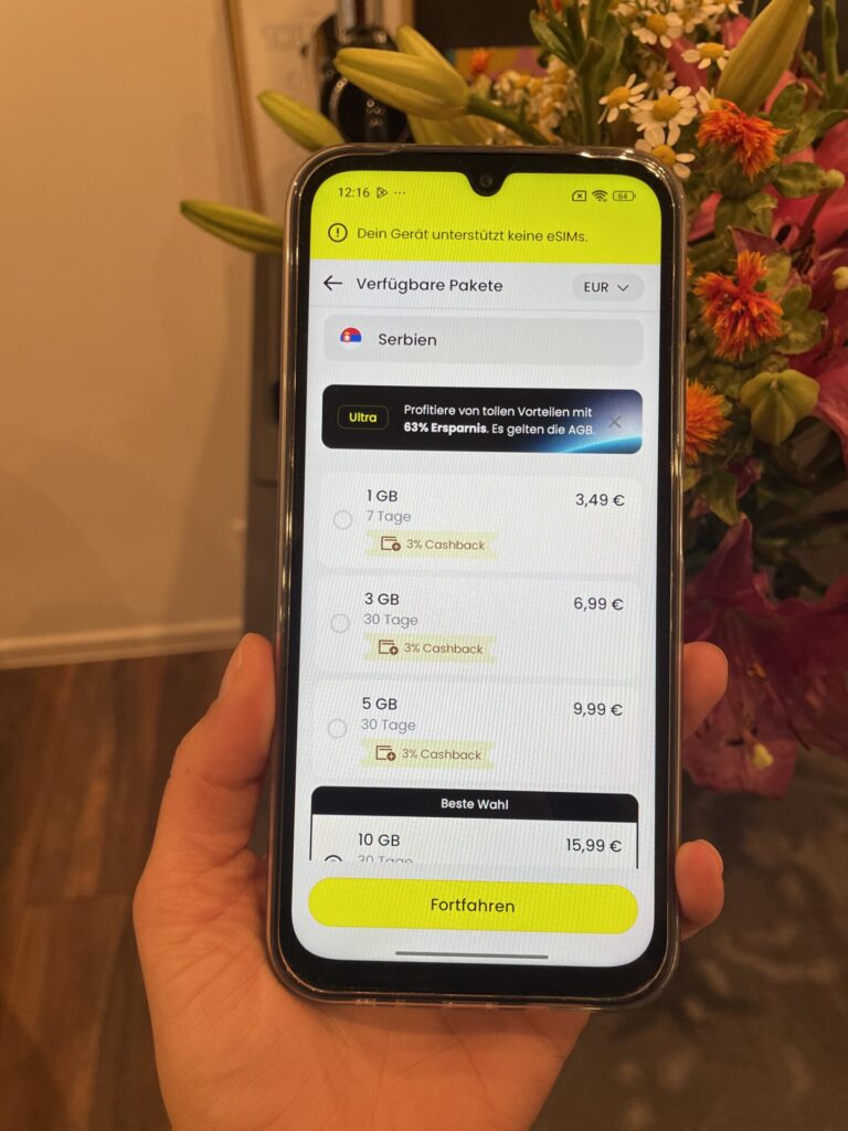 Datenpakete für eine Saily eSIM für Serbien (Stand August 2026). Bild: Jana Willeke
