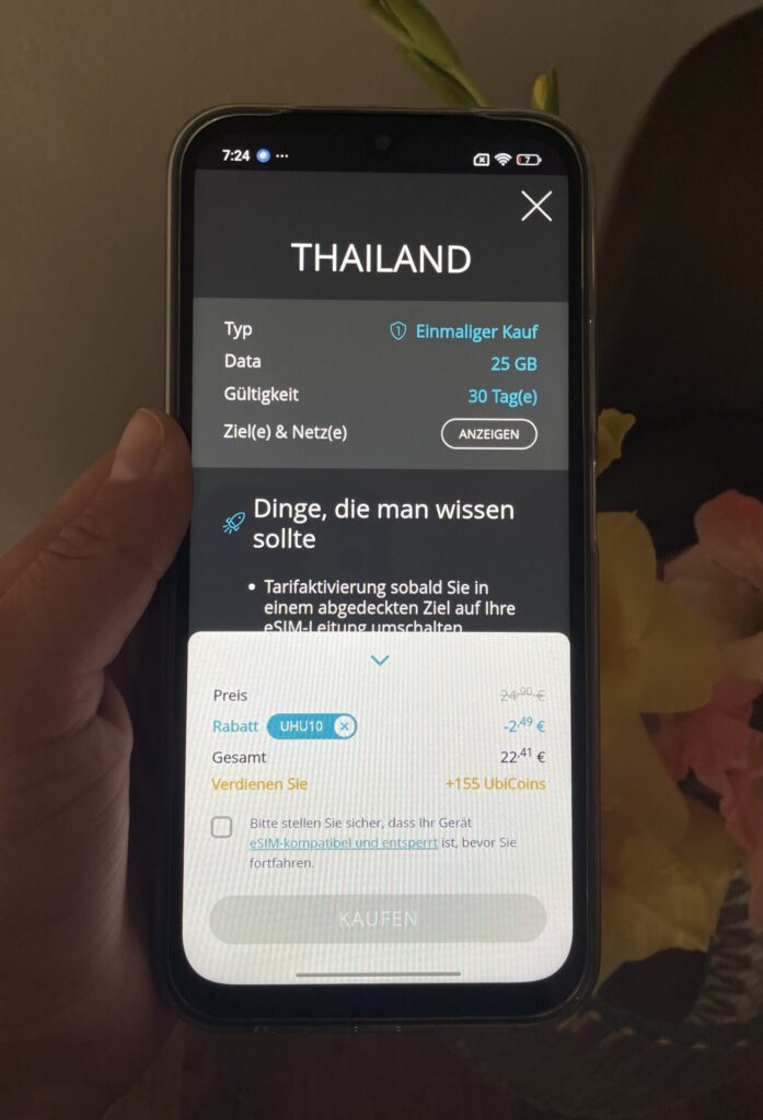 Screenshot der Ubigi eSIM für Thailand, Beispiel 30 Tage 25 GB mit 10% Rabatt (UHU10) (Stand August 2026). Bild: Jana Willeke