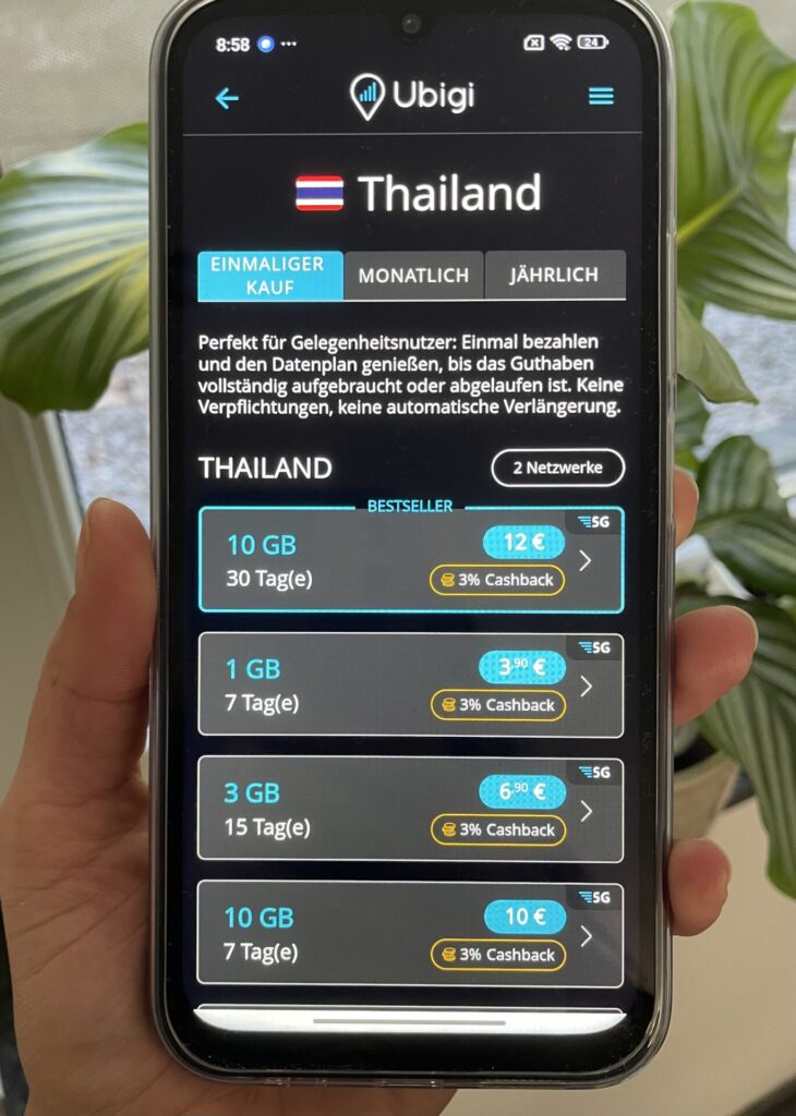 Ubigi eSIM Tarife für Thailand.