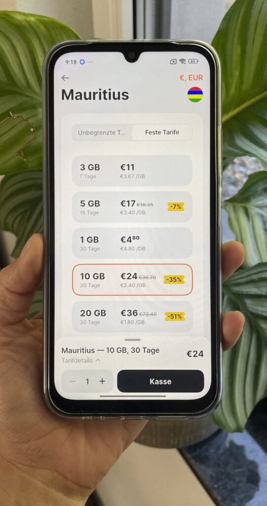 Datenpakete für eine Yesim eSIM für Mauritius - ohne Rabatt (Stand August 2026). Bild: Jana Willeke