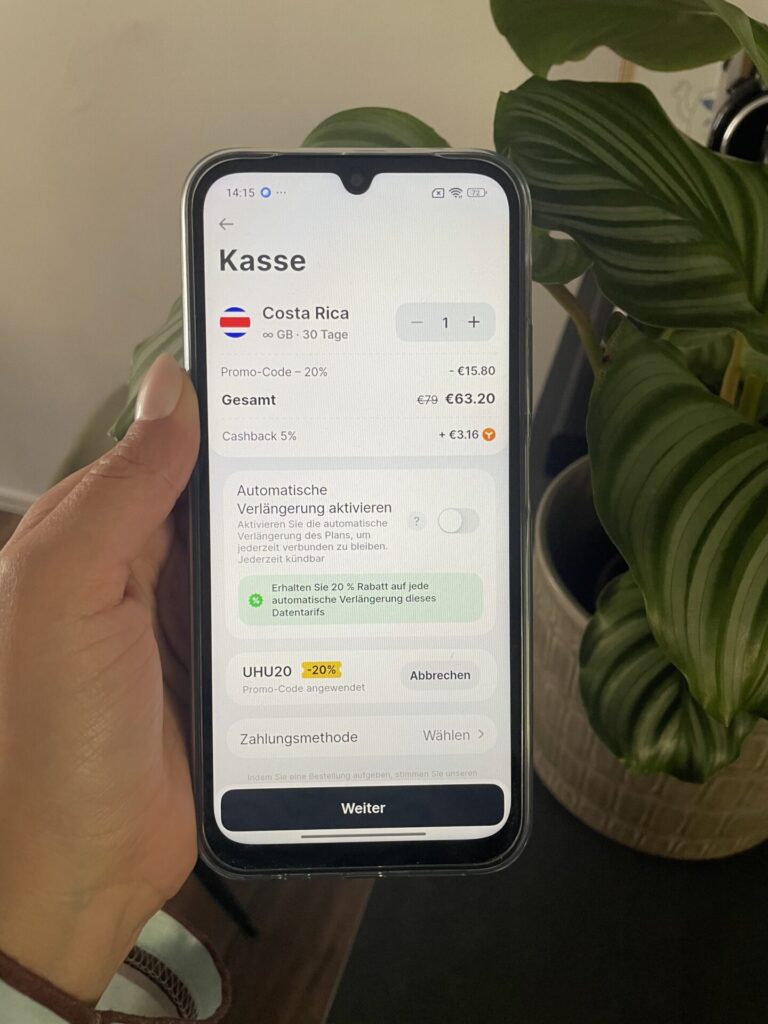 Screenshot der Yesim eSIM für Costa Rica, Beispiel 30 Tage unbegrenztes Datenvolumen mit Rabatt (Stand August 2026). Bild: Jana Willeke