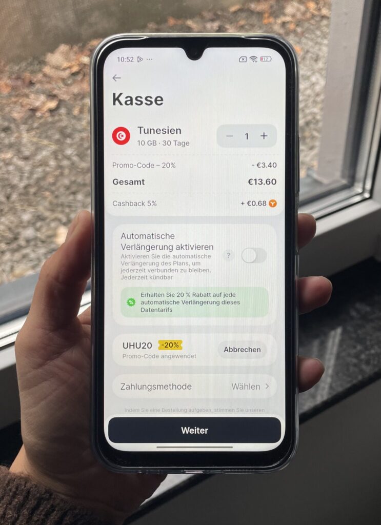 Yesim für Tunesien, Beispiel 30 Tage mit 10 GB (20% Rabatt mit UHU20) (Stand August 2026). Bild: Jana Willeke