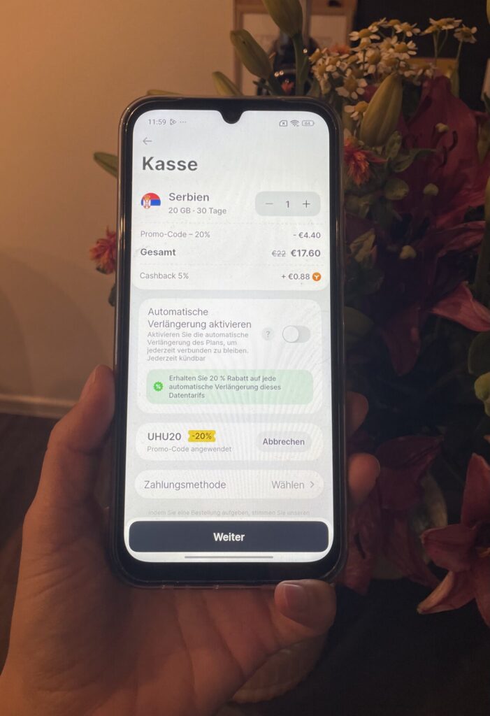 Yesim für Serbien, Beispiel 30 Tage mit 20 GB mit 20 % Rabatt (UHU20) (Stand August 2026). Bild: Jana Willeke