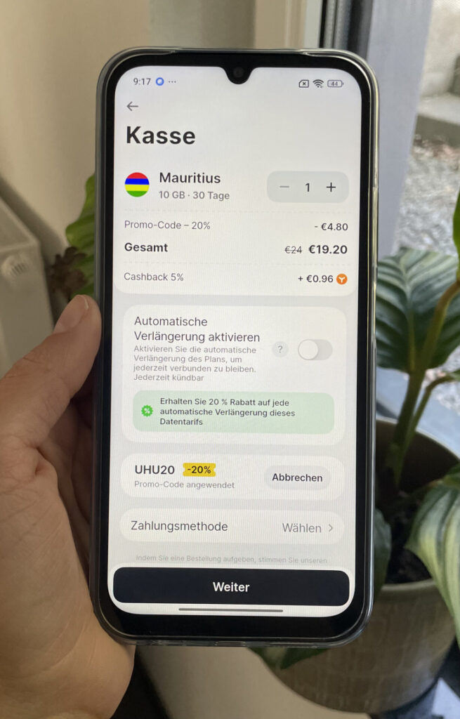 Yesim für Mauritius, Beispiel 30 Tage mit 10 GB (20% Rabatt mit UHU20) (Stand August 2026). Bild: Jana Willeke