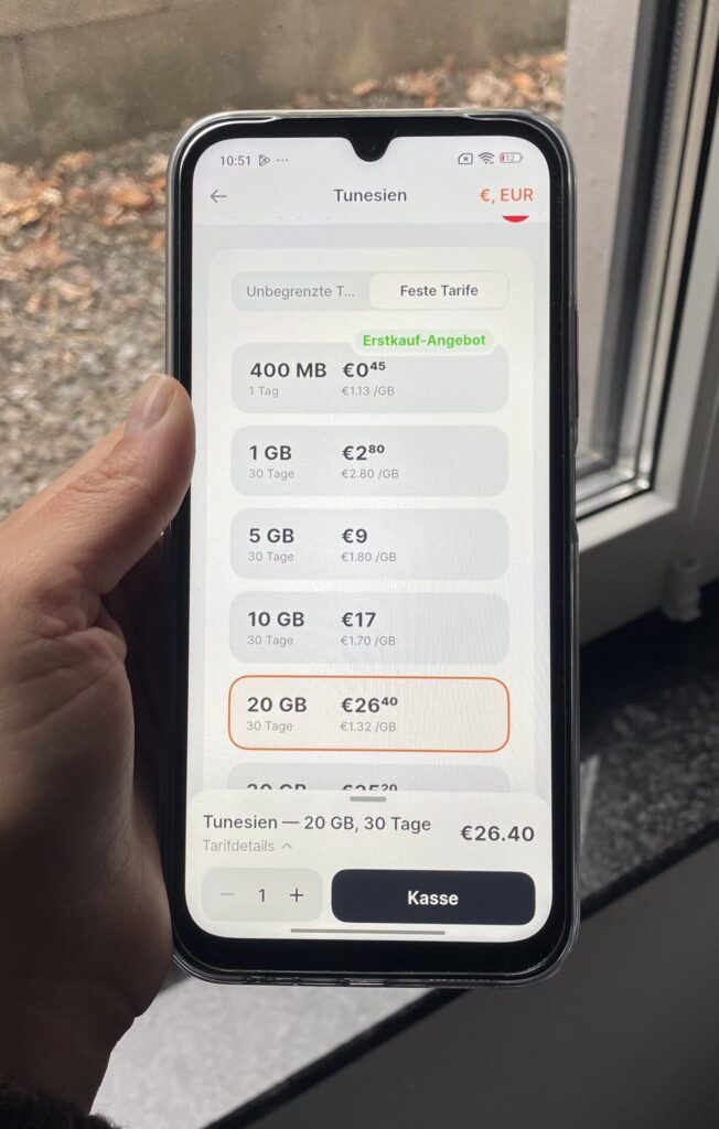 Datenpakete für eine Yesim eSIM für Tunesien - ohne Rabatt (Stand August 2026). Bild: Jana Willeke