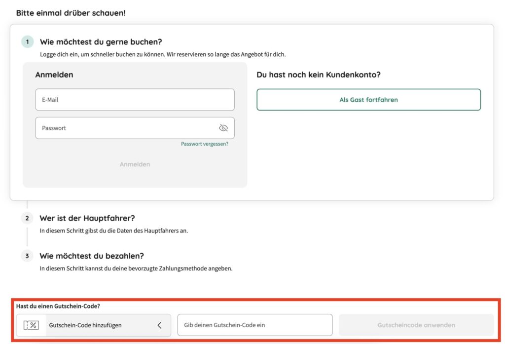 Eingabefeld für den billiger-mietwagen.de Gutscheincode im letzten Buchungsschritt