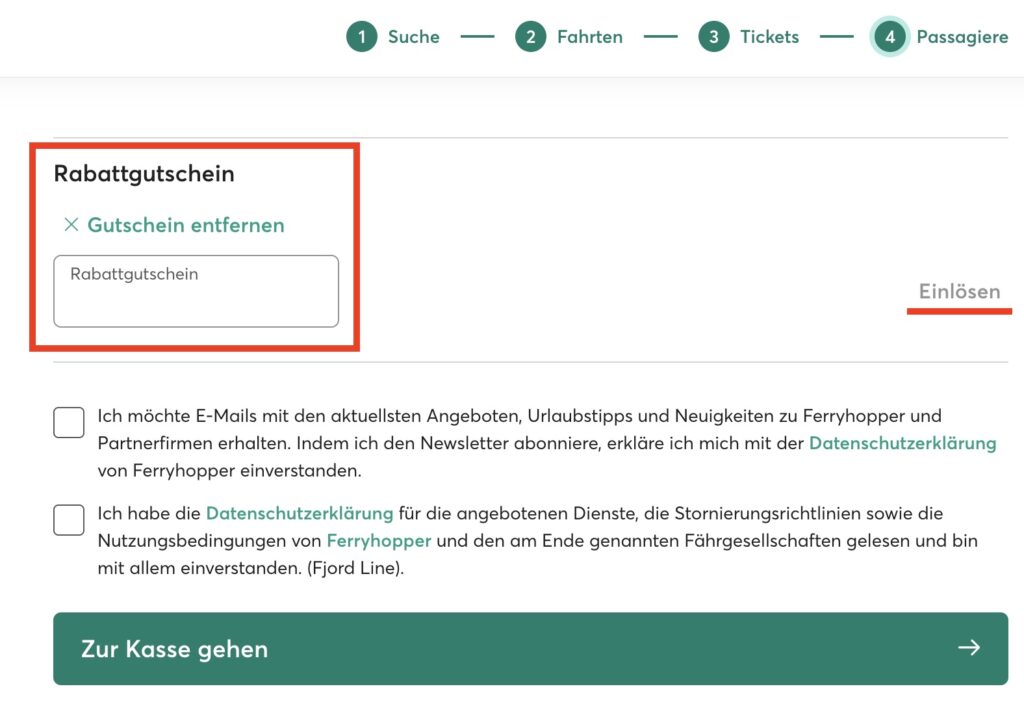 Eingabefeld für den Ferryhopper Gutschein im letzten Buchungsschritt