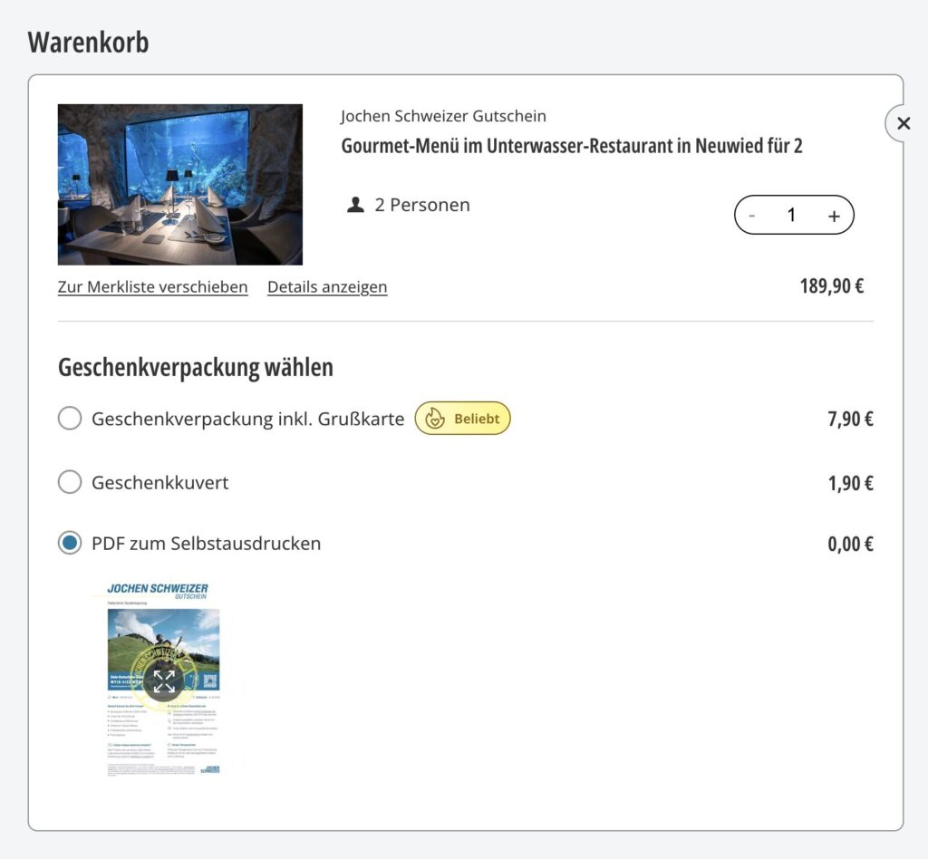 Jochen Schweizer Warenkorb - Geschenkverpackung wählen: Grußkarte, Kuvert oder PDF