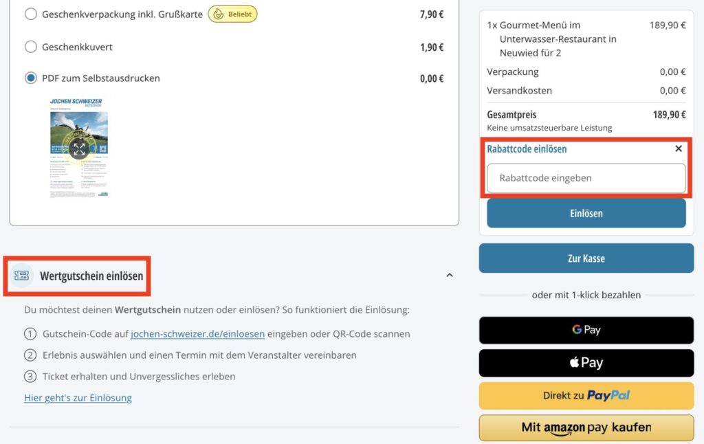 Bei Jochen Schweizer muss man den Rabattcode und den Wertgutschein an unterschiedlichen Stellen einlösen