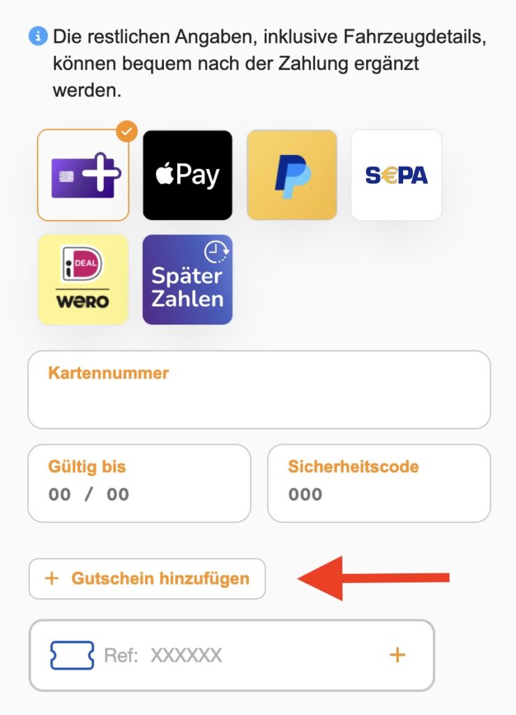 Eingabefeld für den Parken und Fliegen Gutscheincode im Buchungsprozess