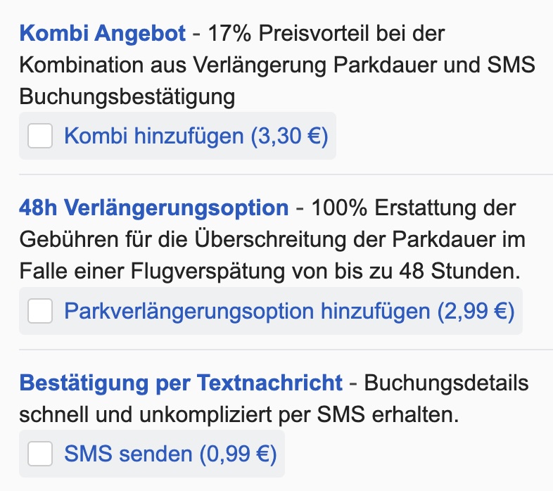 Parken und Fliegen Buchung: Kombi aus Parkverlängerung und SMS-Bestätigung mit 17% Ersparnis