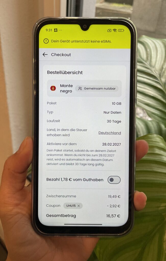 Saily für Montenegro, Beispiel 30 Tage mit 10 GB (15 % Rabatt mit UHU15) (Stand August 2026). Bild: Jana Willeke