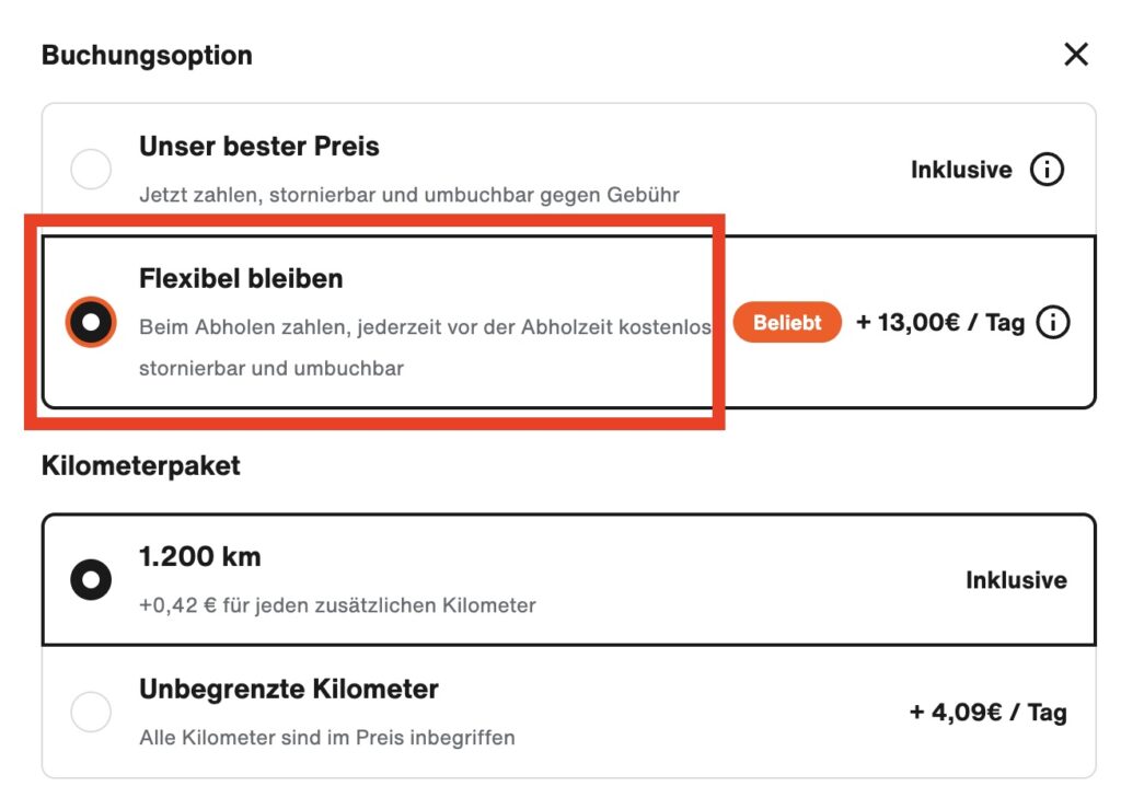 Um das Feld zur Eingabe eines Sixt Gutscheins zu bekommen, müsst ihr die Buchungsoption "Flexibel bleiben" auswählen
