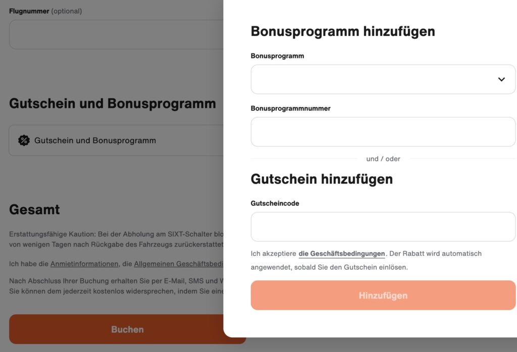 Sixt Gutschein neues Fenster Gutscheineingabe