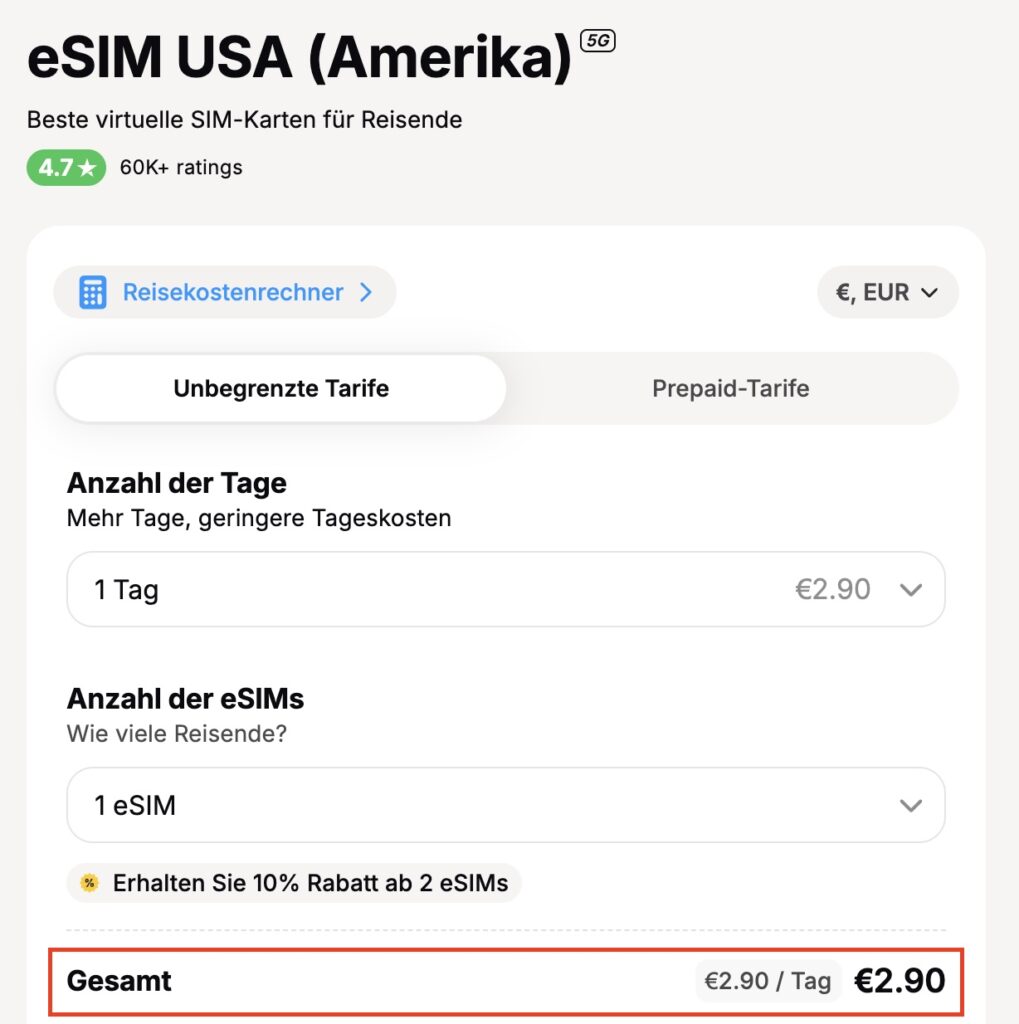 yesim Gutschein: reduzierter Preis für Amerika eSIM nach Eingabe des uniquen 20% Reiseuhu Gutscheincodes