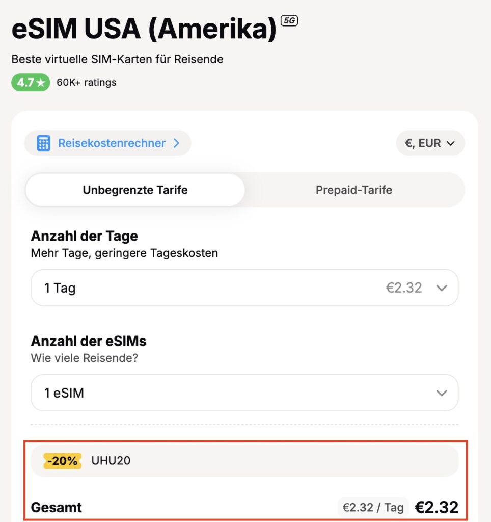 yesim Gutschein Amerika mit Reiseuhu-Code UHU20 für 20% Rabatt
