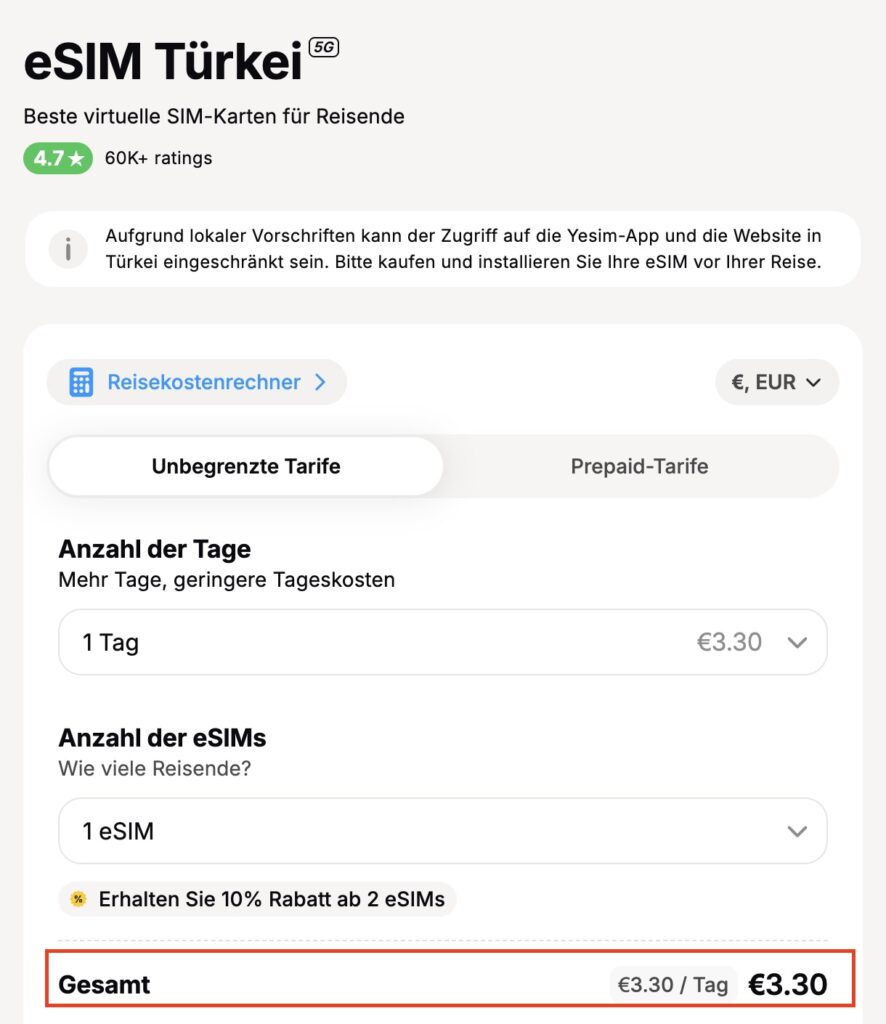 yesim Gutschein Türkei ohne Eingabe des Reiseuhu Gutscheincodes