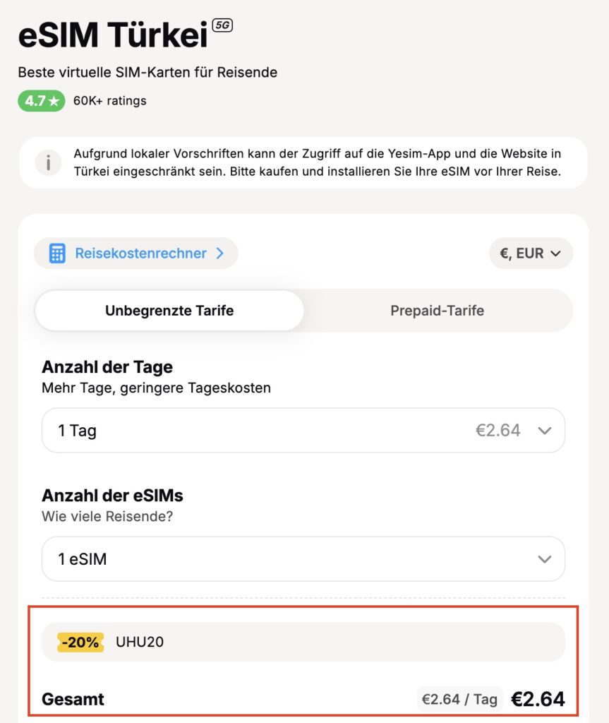yesim Gutschein Türkei mit Rabattcode UHU20