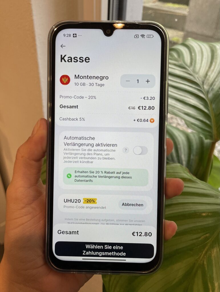 Yesim für Montenegro, Beispiel 30 Tage mit 10 GB (20% Rabatt mit UHU20) (Stand August 2026). Bild: Jana Willeke